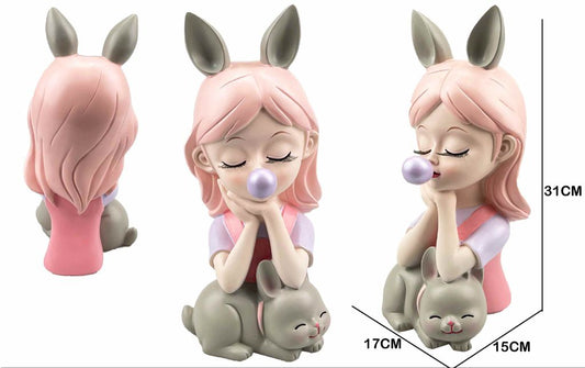 Figura Decorativa Menina com Orelhas de Coelho Cinzentas e Gatinho Cinzento