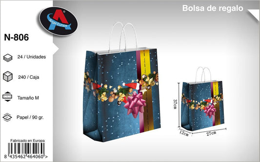 Pack 12 Sacos de Presente de Natal Azul com Laço Tamanho M
