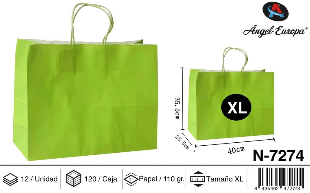 Pack 12 Sacos de Papel Horizontais Verde-Lima XL 40 x 35,5 x 25,5 Cm