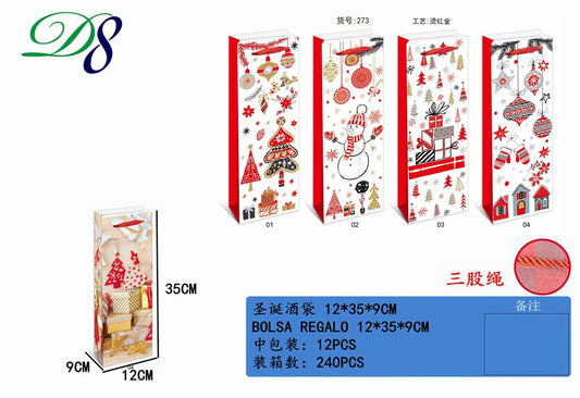 Pack 12 Sacos de Presente de Natal para Garrafa Árvores e Bonecos Vermelhos 12 x 35 x 9 Cm