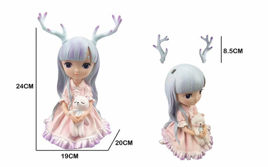 Figura Decorativa Menina com Chifres de Rena e Gatinho 15 x 25 x 27 Cm
