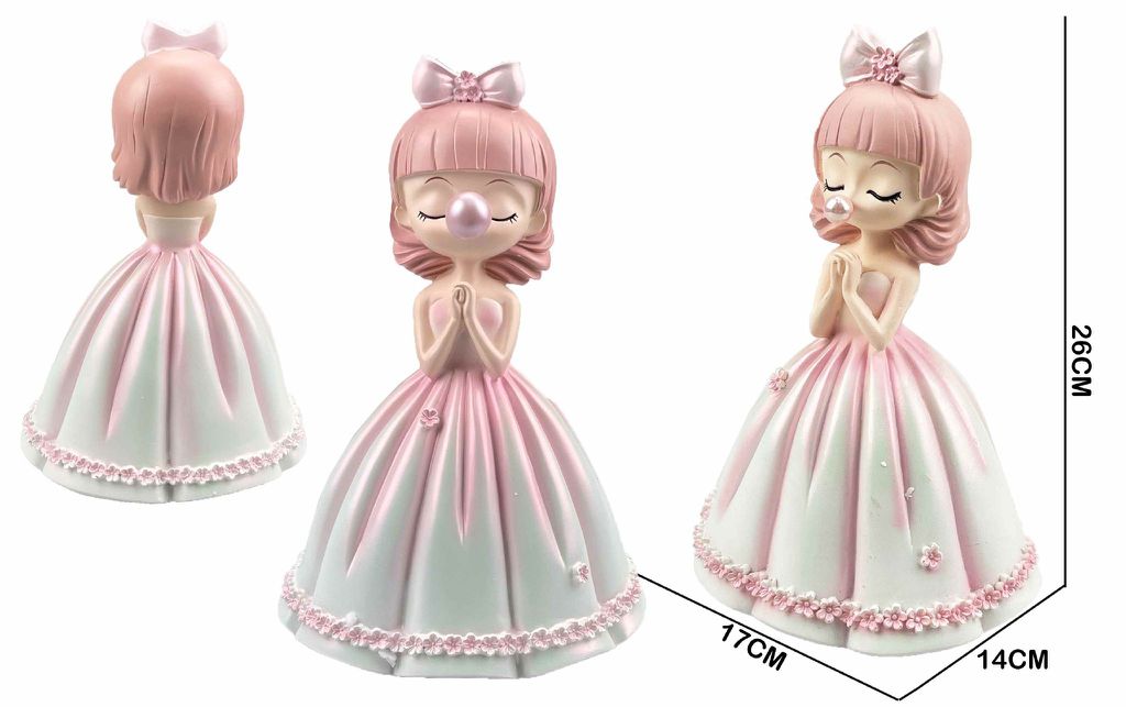 Figura Decorativa Menina com Pastilha Elástica Vestido Rosa