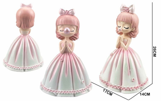 Figura Decorativa Menina com Pastilha Elástica Vestido Rosa