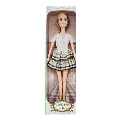 Boneca Fashion 30 Cm Altura - Saia Xadrez Bege